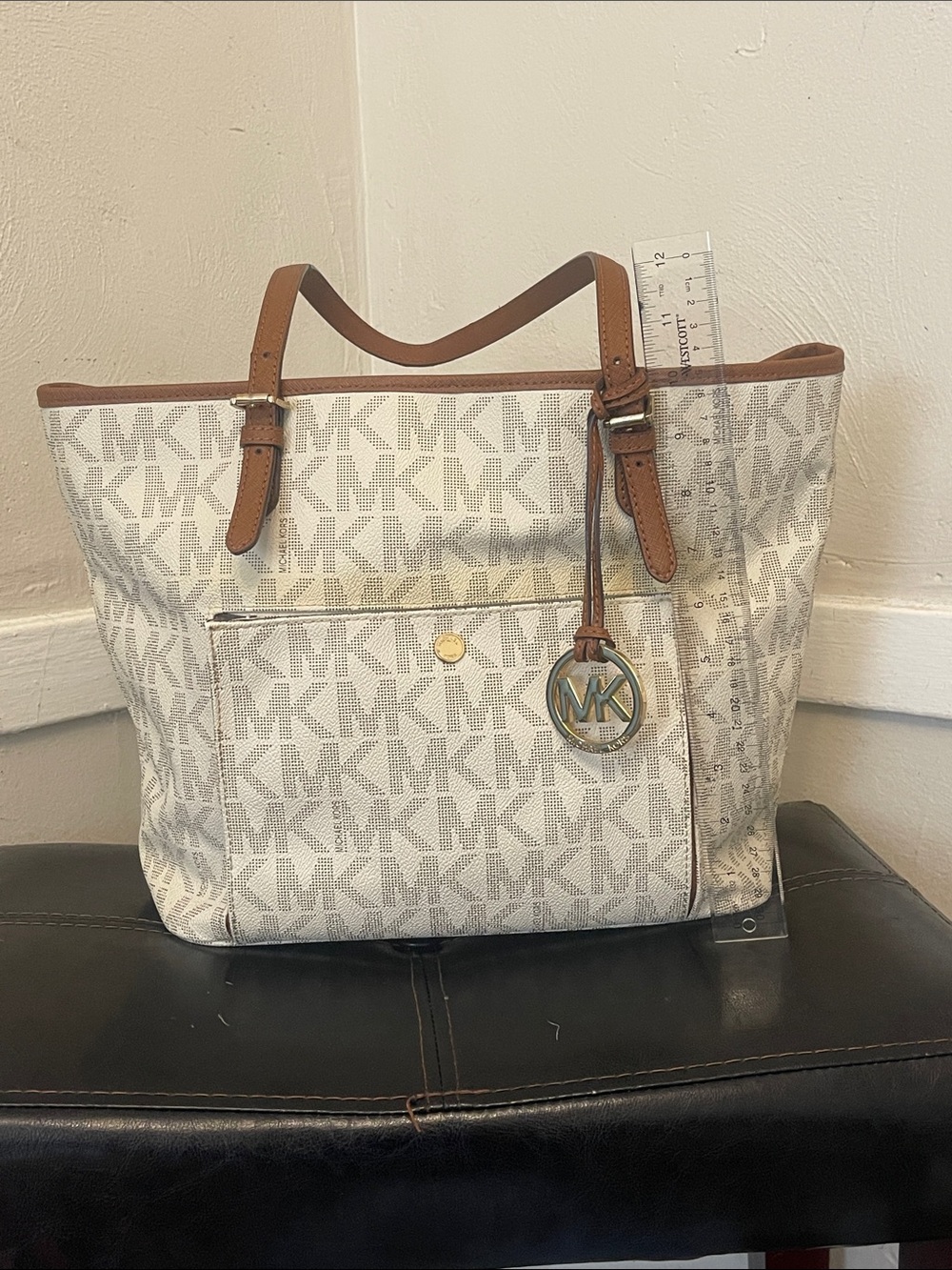 Michael Kors Cream and Brown Signature Logo Tote with MK Charm